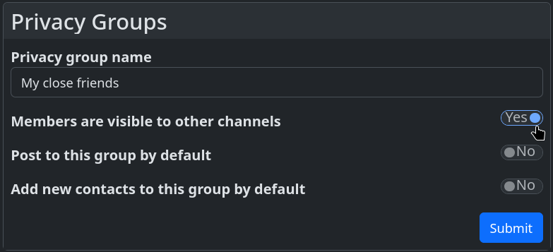 The privacy group tool with 'Members are visible to other channels' set to 'yes'.